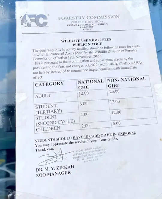 price list. national and non-national pricing. different cost. Explore Kumasi zoo. i love kumasi, everyday kumasi, visit kumasi.