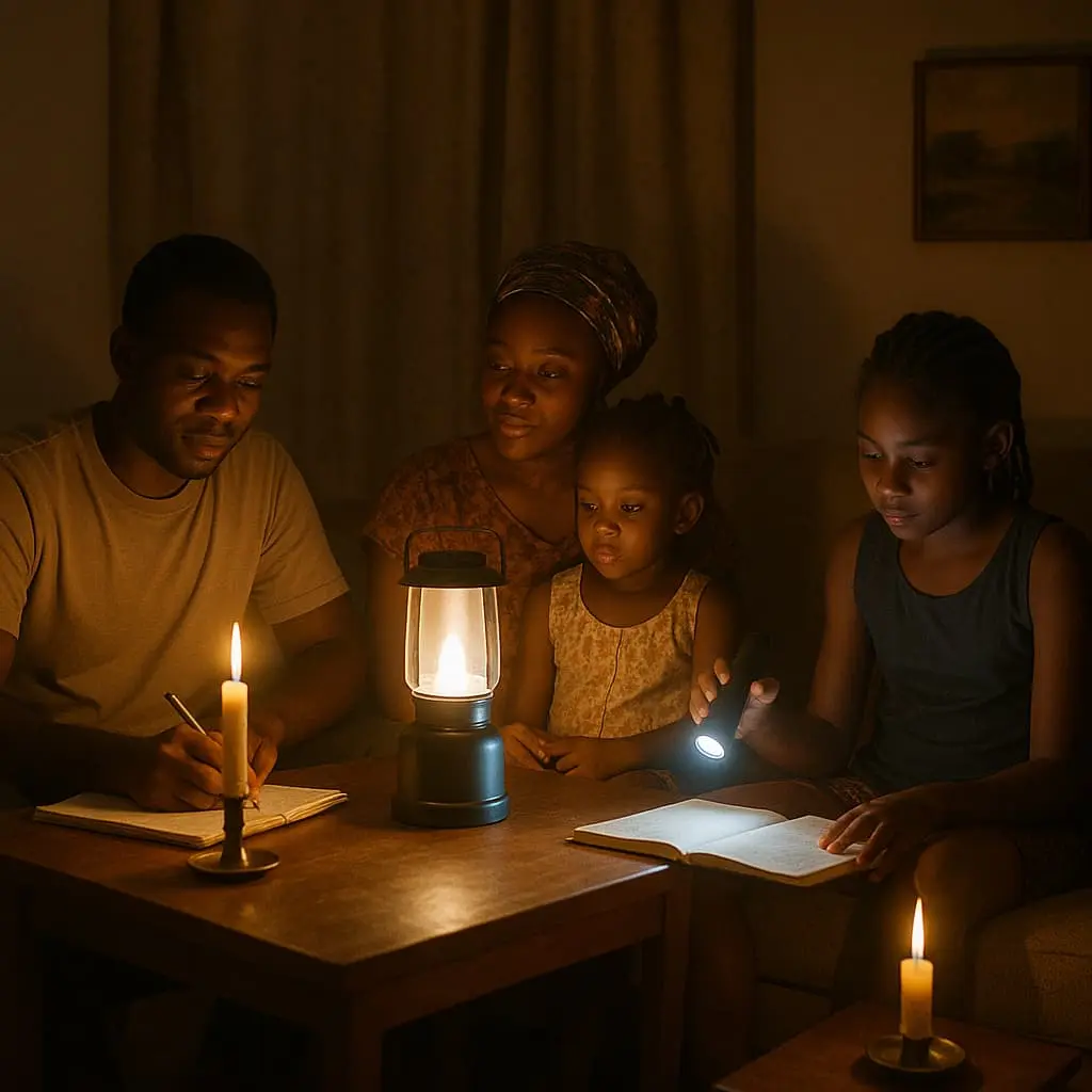 A Kumasi Household During Lights-Out
A family using candles, rechargeable lamps, or torches
Shows the human side of dumsor at home