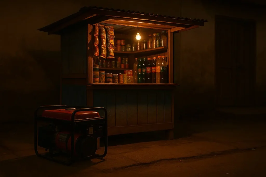 Generator next to a small kiosk in kumasi or shop
Shows what businesses rely on during dumsor