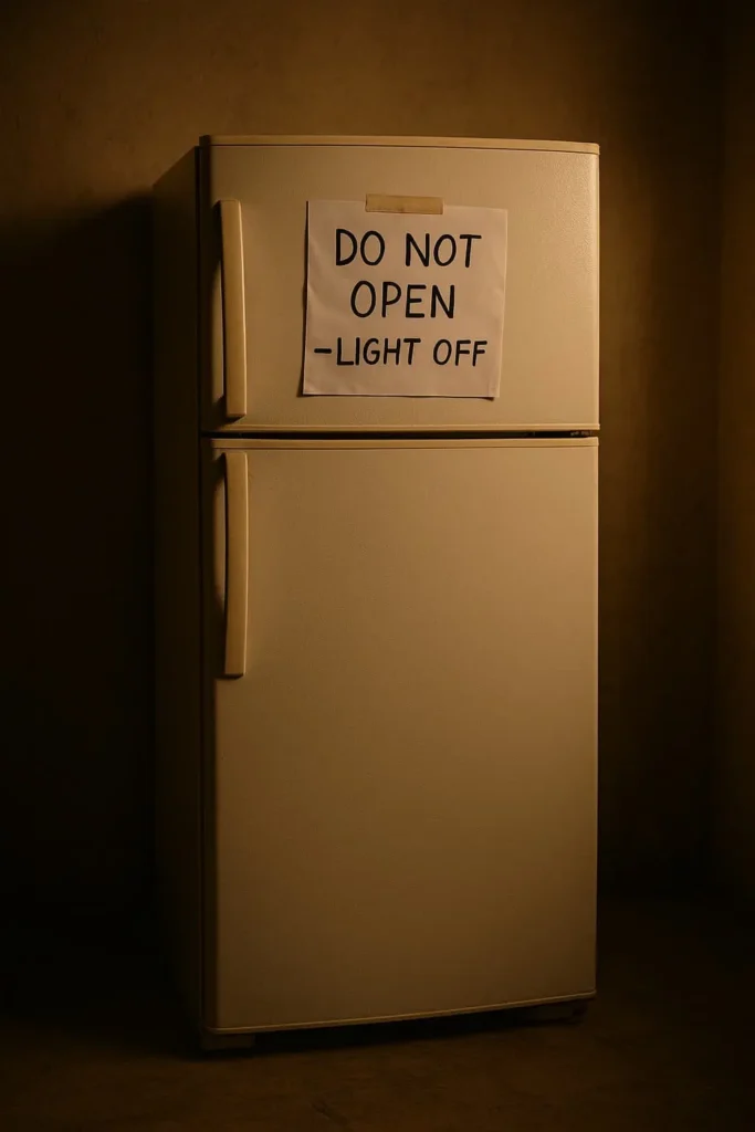 Refrigerator with warning sign: “Do Not Open – Light Off”
A relatable visual for food spoilage without showing people