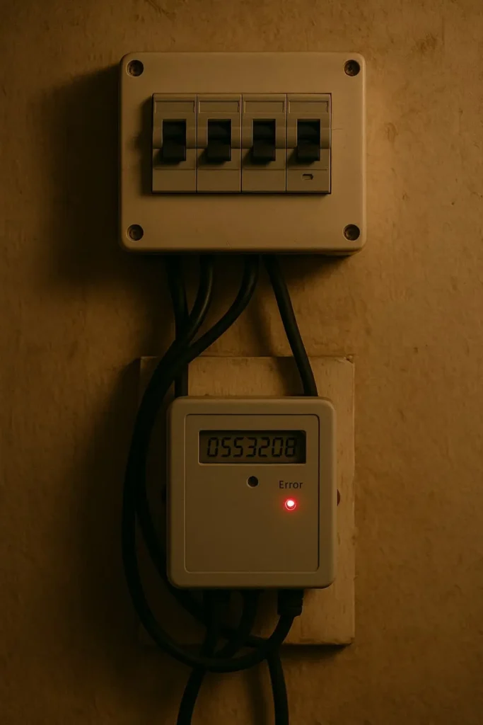 Fuse box or power meter with visible error light
Shows the technical side of dumsor in a home or office