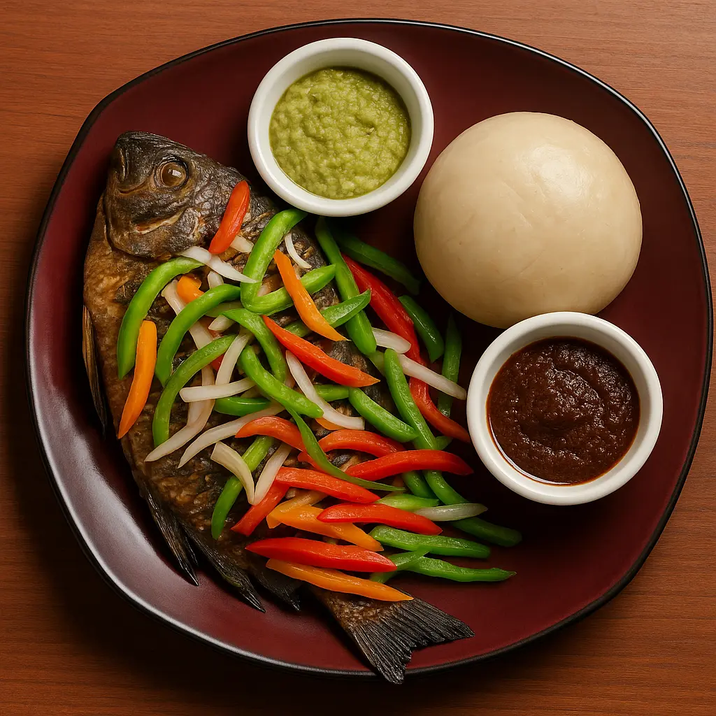 Banku with Grilled Tilapia Banku is made from fermented corn and cassava dough, cooked until smooth and elastic. It’s usually served with whole grilled tilapia, pepper sauce, and fresh onions