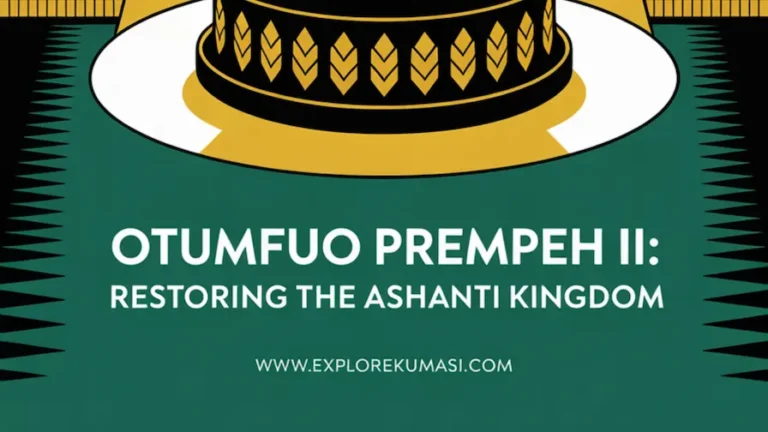 Featured image. A symbolic Golden Stool returning to its pedestal under a beam of light, framed by Ashanti royal motifs, big bold text says: “Otumfuo Prempeh II: Restoring the Ashanti Kingdom” Website: www.explorekumasi.com