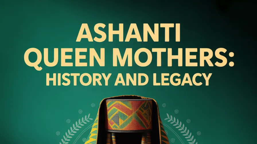 Featured image. A royal stool framed by a golden headscarf and beaded regalia, placed on a patterned mat with Adinkra symbols for leadership and wisdom, big bold text says: “Ashanti Queen Mothers: History and Legacy” Website: www.explorekumasi.com