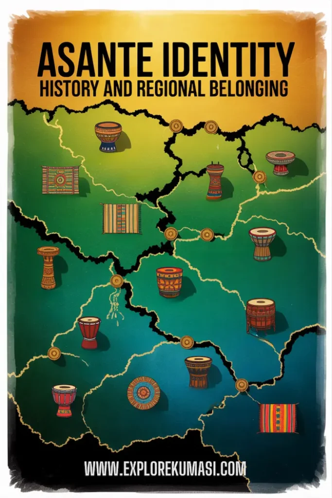 Pinterest. Social Media. A layered Ashanti map showing symbolic connections between major towns with cultural markers like stools, drums, and Kente patterns, big bold text says: “Asante Identity: History and Regional Belonging” Website: www.explorekumasi.com