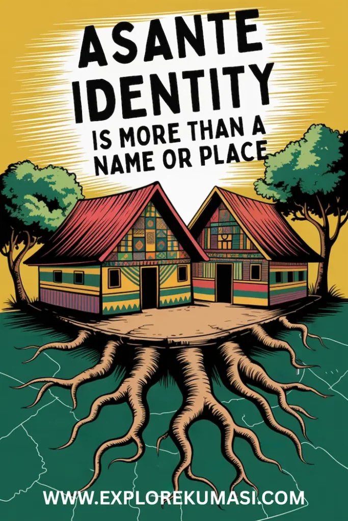 Pinterest. Social Media. A traditional home compound graphic with family tree roots connecting different towns labeled across the Ashanti Region, big whimsical text says: “Asante Identity Is More Than a Name or Place” Website: www.explorekumasi.com