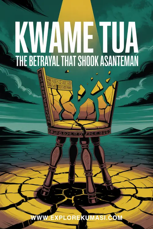 A symbolic broken stool resting on cracked earth with fading gold leaf—representing broken trust and fractured leadership, big bold text says: “Kwame Tua: The Betrayal That Shook Asanteman” Website: www.explorekumasi.com