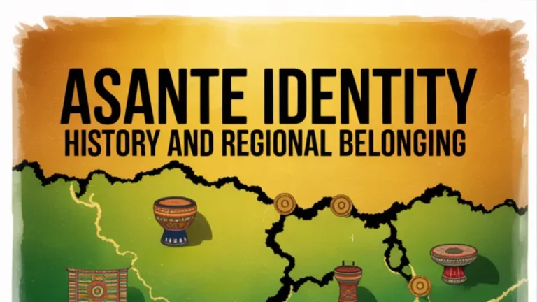 Featured image. A layered Ashanti map showing symbolic connections between major towns with cultural markers like stools, drums, and Kente patterns, big bold text says: “Asante Identity: History and Regional Belonging” Website: www.explorekumasi.com