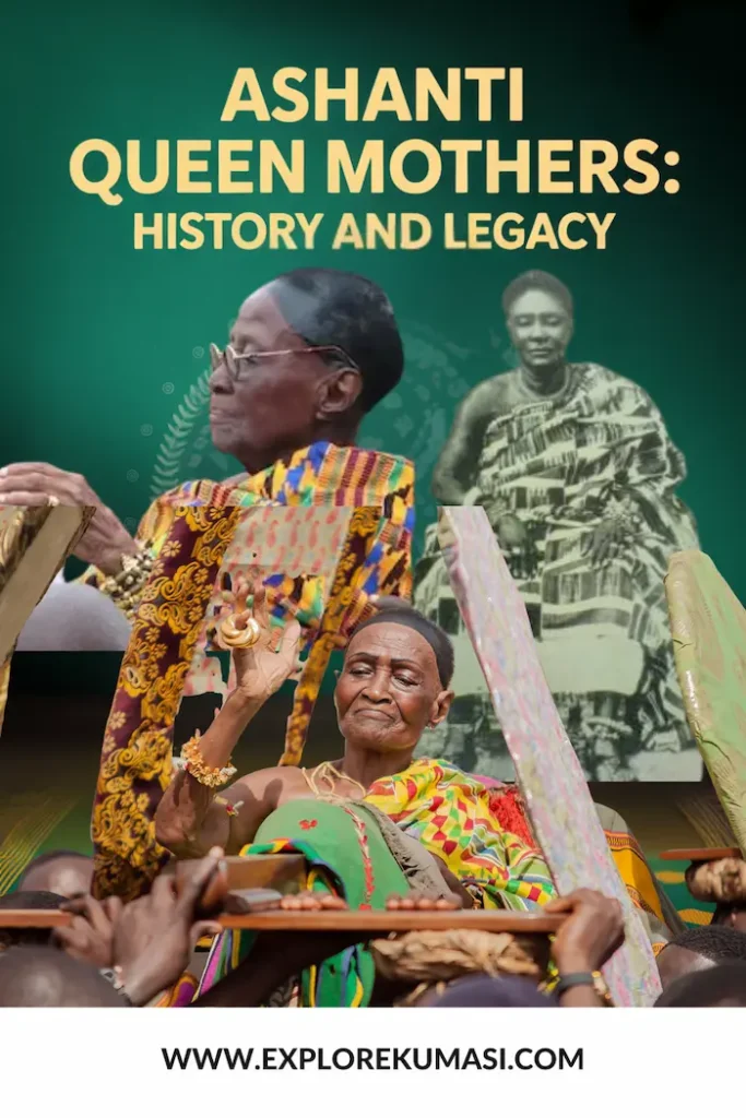 Pinterest. Social Media. A collage of past and present ohemaa Asantehemaa queenmothers for leadership and wisdom, big bold text says: “Ashanti Queen Mothers: History and Legacy” Website: www.explorekumasi.com