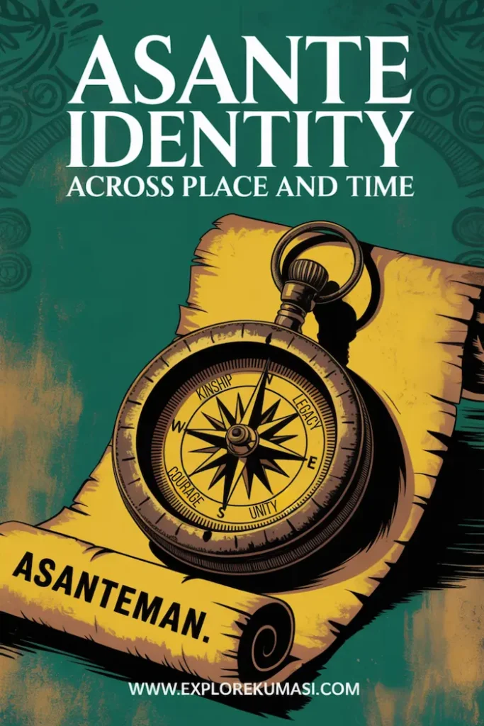 Pinterest. Social Media. A symbolic cultural compass labeled with values like kinship, courage, and unity pointing toward “Asanteman,” with faded Adinkra symbols as the backdrop, big curved text says: “Asante Identity Across Place and Time” Website: www.explorekumasi.com