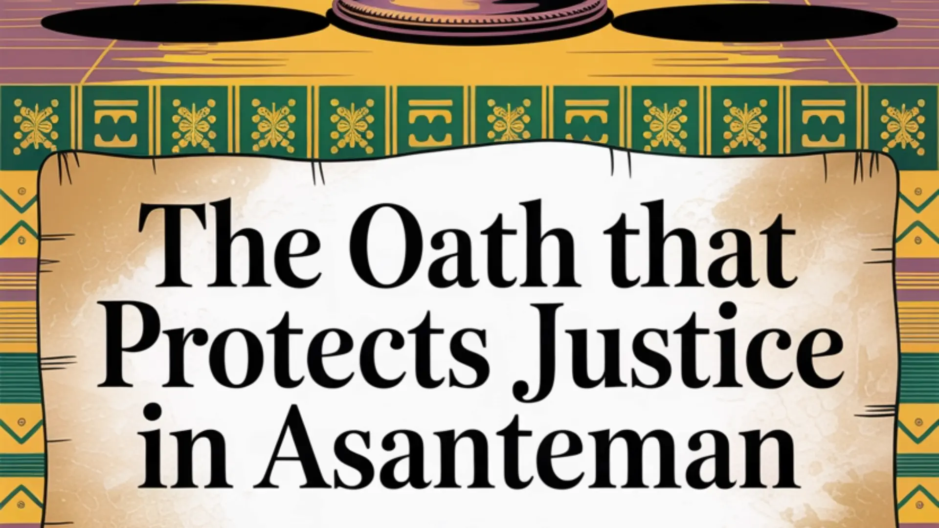 Adinkra symbols for truth (Nokware) and authority (Hene), big curved text says: “The Oath That Protects Justice in Asanteman” Website: www.explorekumasi.com