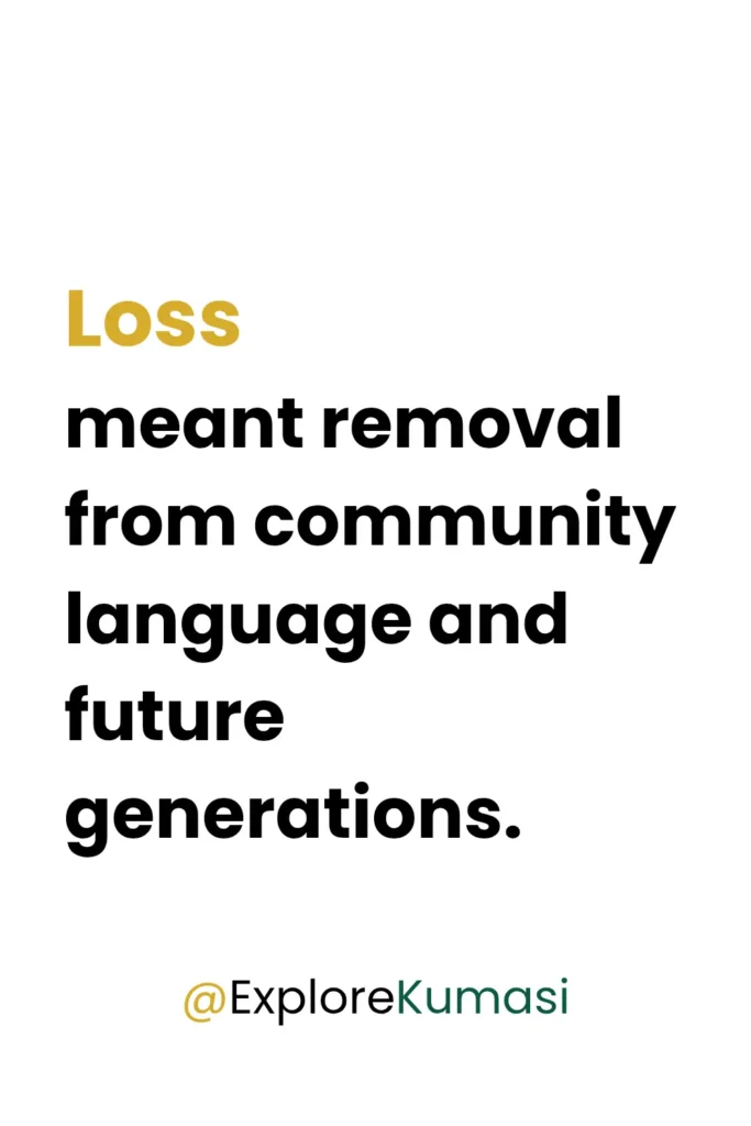 Quote explaining the long-term loss caused by the transatlantic slave trade, including separation from community, language, and future generations in the Ashanti Region. Explore Kumasi